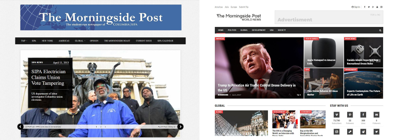 The Morningside Post’s site, before (left) and after the conversion (right).